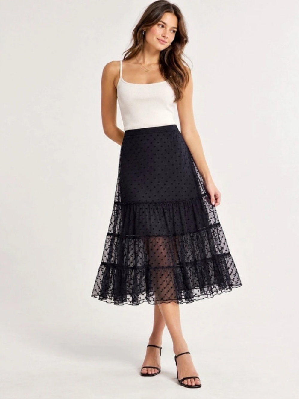 Suzette Black Polka Dot Lace Midi Skirt Like New